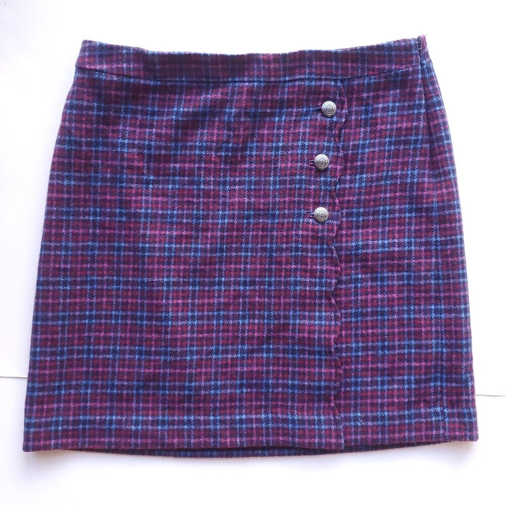 Talbots Plaid Skirt 34 x 20 Petite 16P Wool Blend Pink Red Blue Gold Buttons